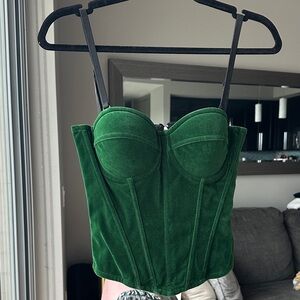 Green Velvet Sleeveless Bustier Crop Top with Straps